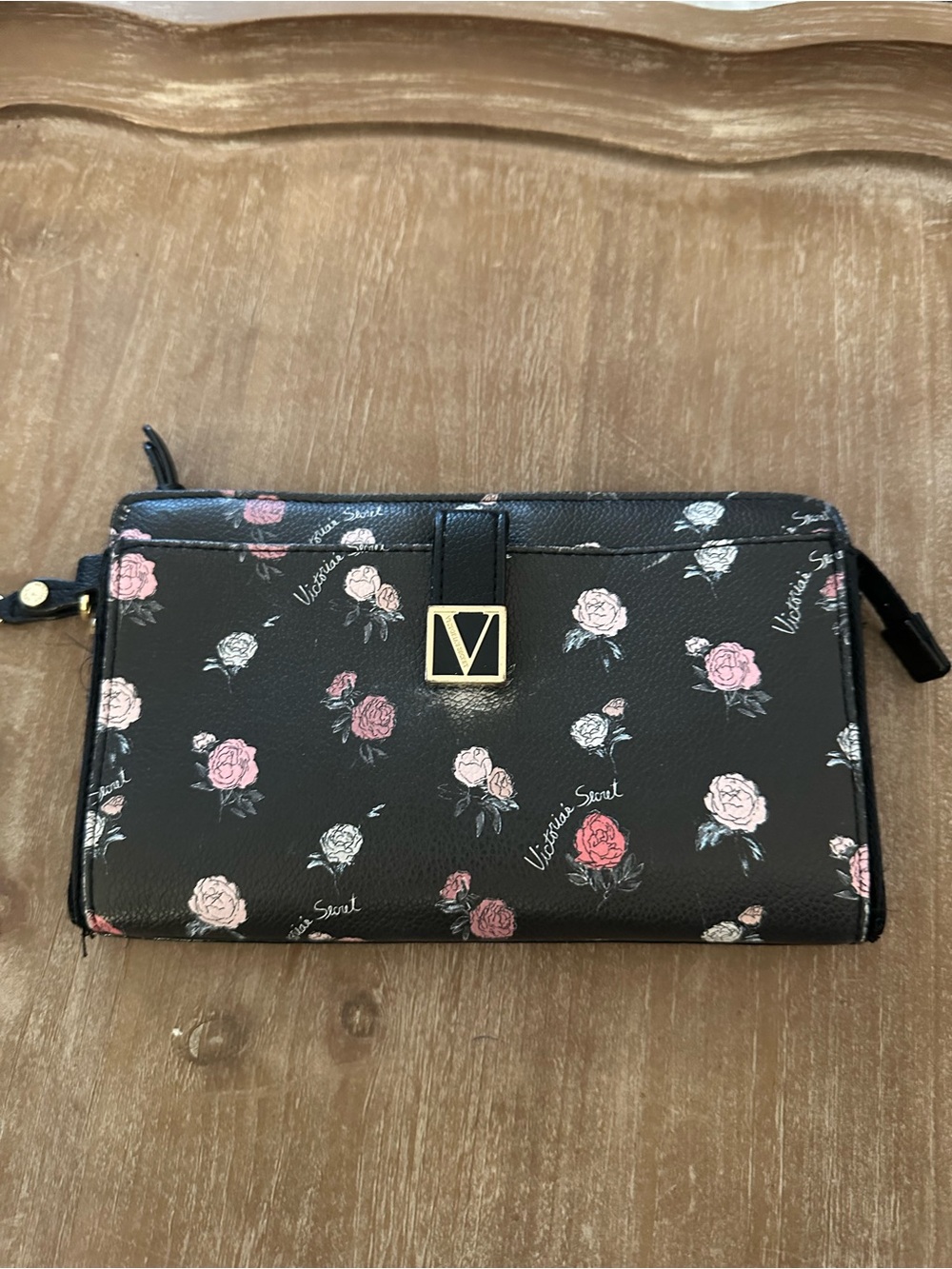 Victoria's Secret Black Floral Zip Wallet with Pink and White Roses